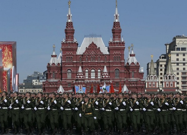 Russian servicemen march during the Victory Day parade in Moscow's Red Square